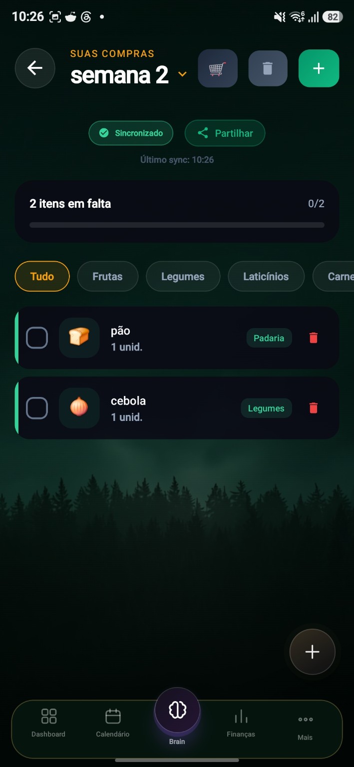 Lista de compras da Tutaris com categorias, itens em falta e opção de partilha